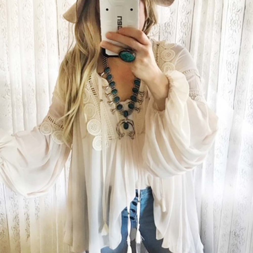 New Lace & Chiffon Breezy Boho Flowy Blouse Top